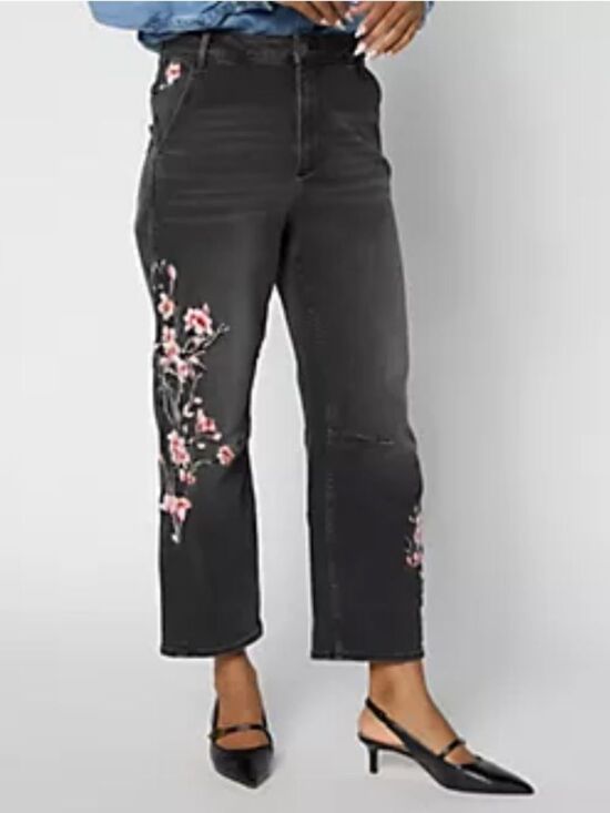 DRIFTWOOD Denim - Driftwood Barbie Barrel Jean Gray Floral Embroidery Womens 14